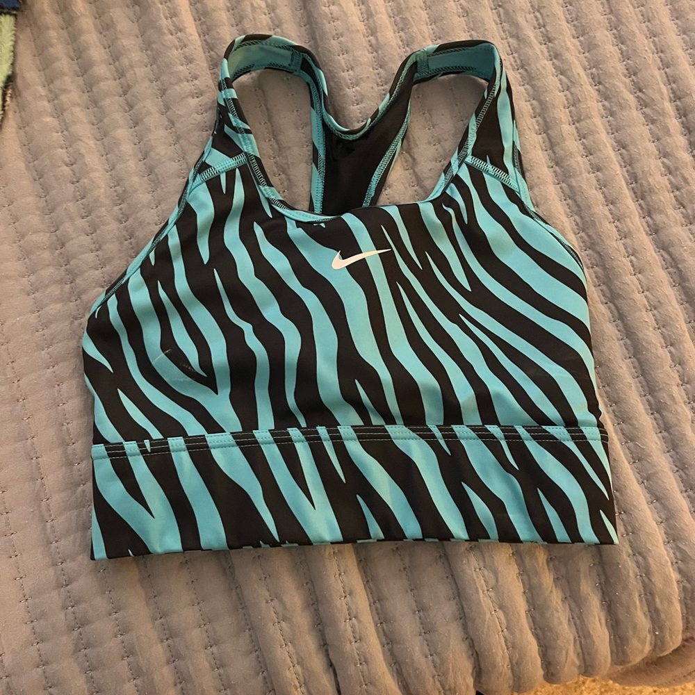 Nike Women's Zebra Stripe Sports Bra - Black and Teal